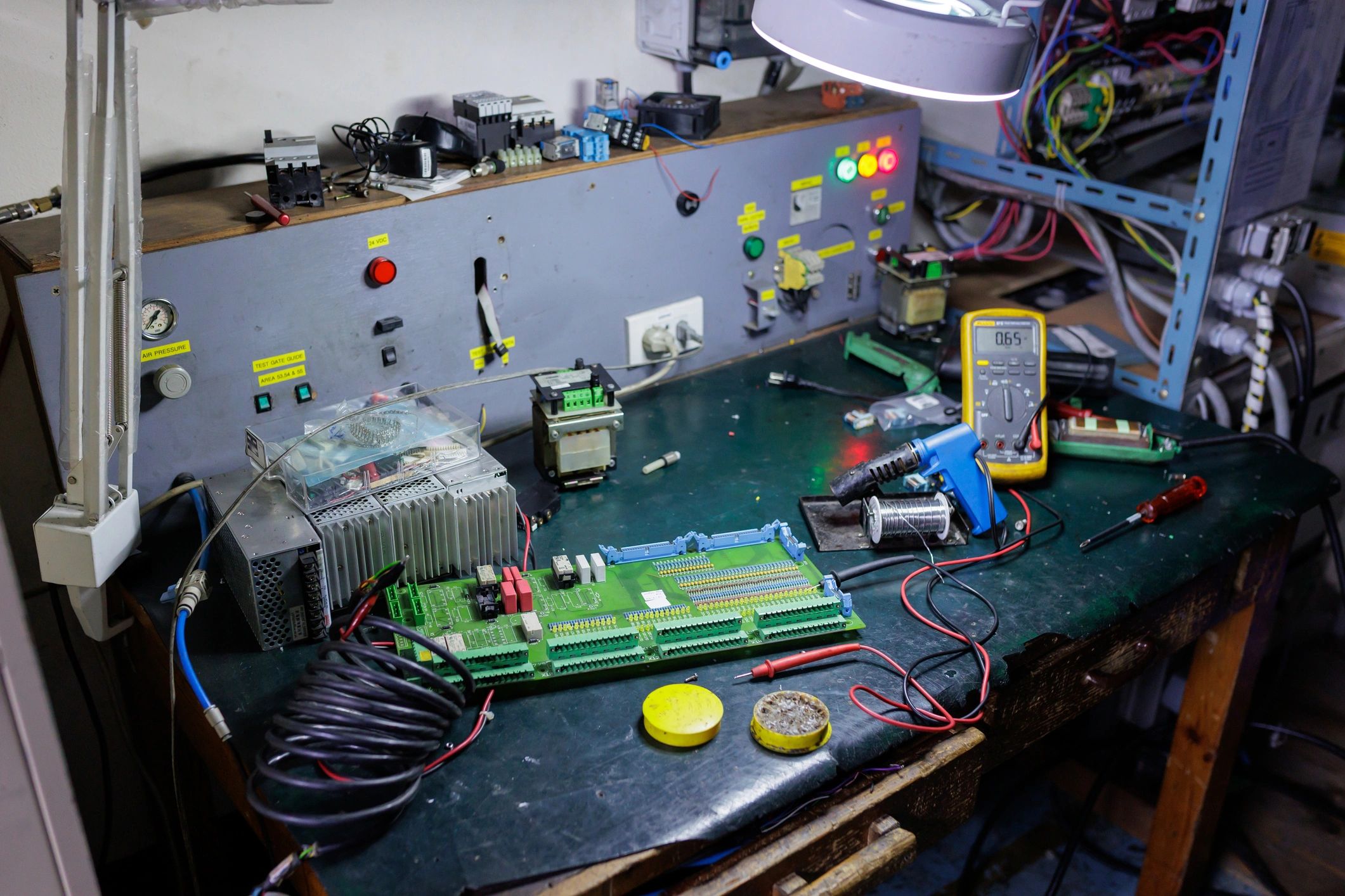 Electronics workshop with technology components and tools